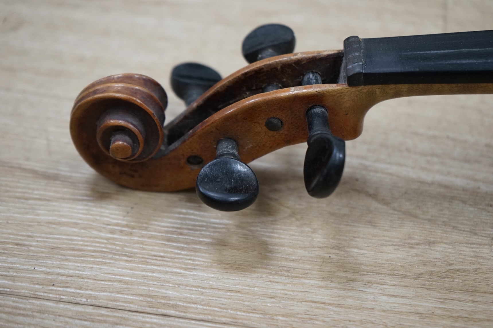 A late 19th century German violin (c.1880), with label reading ‘Georg Krywalski 1917’, in wood case.